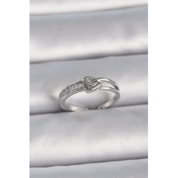 Pirinç Gümüş Renk Ayarlanabilir Zirkon Taşlı Düğüm Kalp Model Kadın Yüzük - TJ-BYK3405