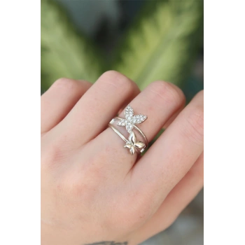 Pirinç Gümüş Renk Ayarlanabilir Zirkon Taşlı Kelebek Yüzük - TJ-BYK3189