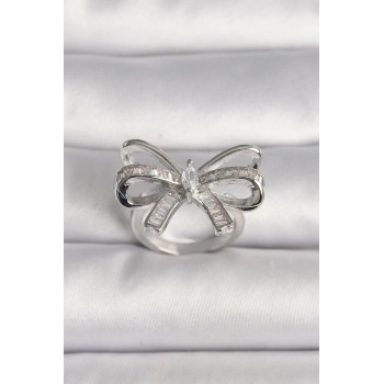 Pirinç Gümüş Renk Ayarlanabilir Zirkon Taşlı Kurdele Model Kadın Yüzük - TJ-BYK3585