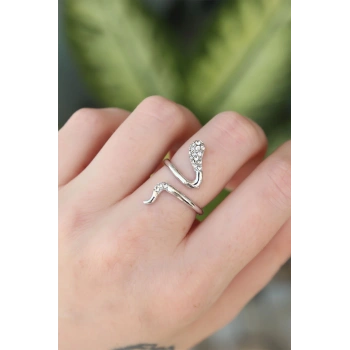 Pirinç Gümüş Renk Ayarlanabilir Zirkon Taşlı Yılan Yüzük - TJ-BYK3187