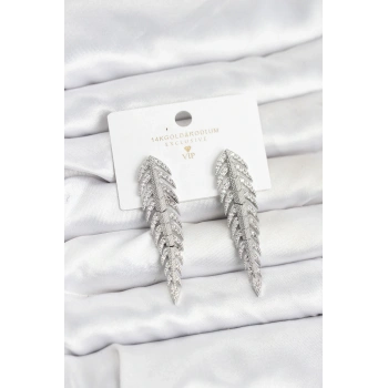 Pirinç Gümüş Renk Balık Sırtı Model Zirkon Taşlı Kadın Küpe - TJ-BKP11517