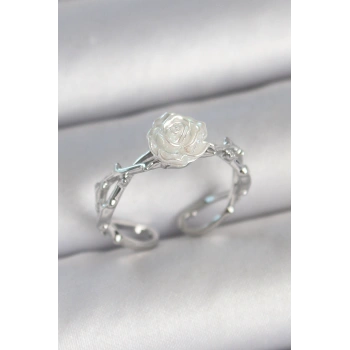 Pirinç Gümüş Renk Beyaz Gül Model Ayarlanabilir Kadın Yüzük - TJ-BYK3730