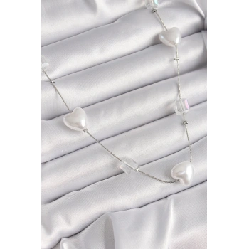 Pirinç Gümüş Renk Beyaz İnci Kalp Model Kadın Kolye - TJ-BKO9624