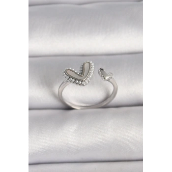 Pirinç Gümüş Renk Beyaz Mineli İnci Detaylı Kalp Model Ayarlanabilir Yüzük - TJ-BYK3536