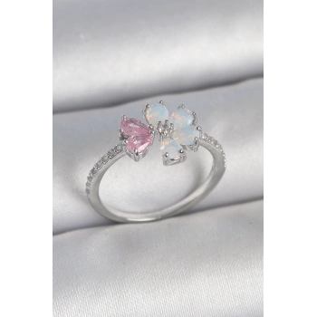 Pirinç Gümüş Renk Beyaz Mineli Pembe Zirkon Taşlı Çiçek Model Kadın Yüzük - TJ-BYK3708