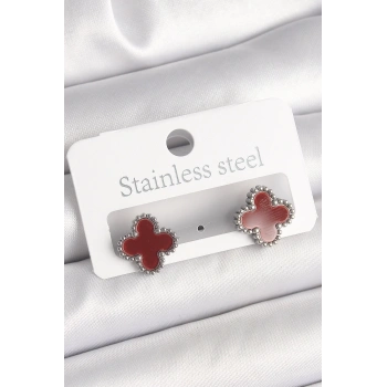 Pirinç Gümüş Renk Bordo Yonca Model Kadın Küpe - TJ-BKP10359