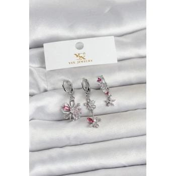 Pirinç Gümüş Renk Çiçek Model 3lü Kadın Küpe - TJ-BKP11712