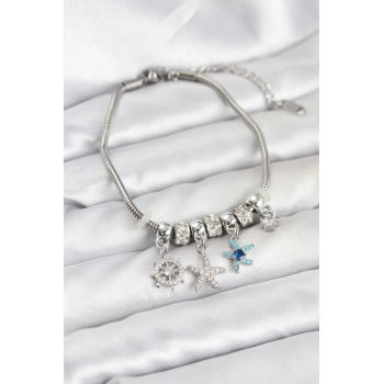Pirinç Gümüş Renk Deniz Tema Charmlı Kadın Bileklik - TJ-BB8206