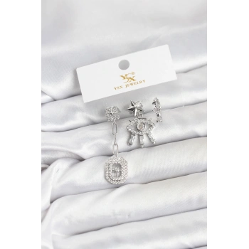 Pirinç Gümüş Renk Göz ve Kutup Yıldızı Model YSX Trio Küpe Seti - TJ-BKP11557