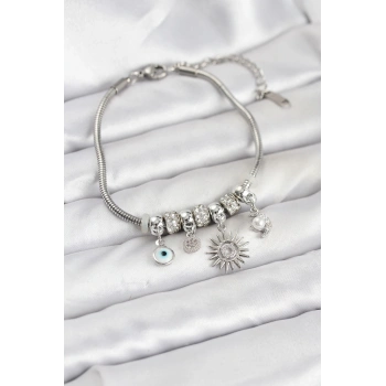 Pirinç Gümüş Renk Güneş Charmlı Kadın Bileklik - TJ-BB8184