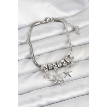 Pirinç Gümüş Renk Güneş Tema Charmlı Kadın Bileklik - TJ-BB8210