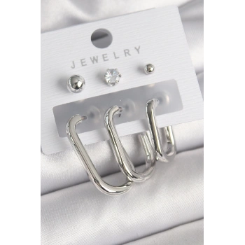 Pirinç Gümüş Renk Halka Model Zirkon Taşlı Topçuk Detay Kadın Küpe Seti - TJ-BKP10313