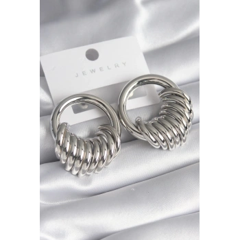 Pirinç Gümüş Renk Halka Sarmal Model Kadın Küpe - TJ-BKP8556