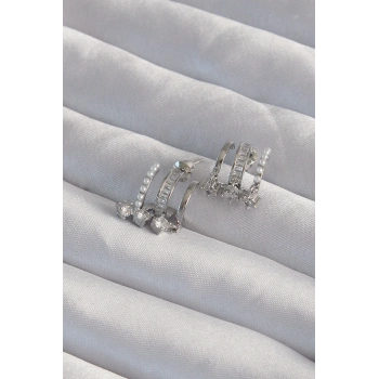 Pirinç Gümüş Renk İncili Çoklu Zirkon Taşlı Yarım Halka Küpe - TJ-BKP9316