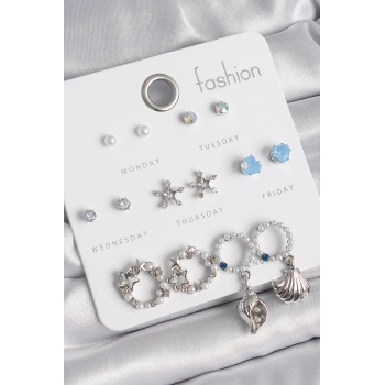 Pirinç Gümüş Renk İncli Zirkon Taşlı Halka Figür Yıldız Detay 7 Çift Kadın Küpe Seti - TJ-BKP10547