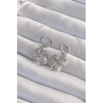 Pirinç Gümüş Renk İri Zirkon Taşlı Fiyonk Model Halka Küpe - TJ-BKP9312