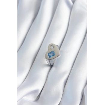 Pirinç Gümüş Renk Kalp Model Yıldız Zirkon Taş Detay Kadın Yüzük - TJ-BYK2894