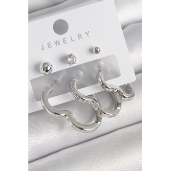 Pirinç Gümüş Renk Kalp Model Zirkon Taş Topçuk Detay Kadın Küpe Seti - TJ-BKP10307