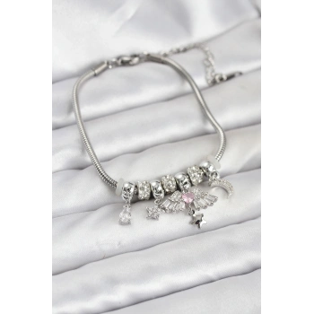 Pirinç Gümüş Renk Kanatlı Charmlı Kadın Bileklik - TJ-BB8198