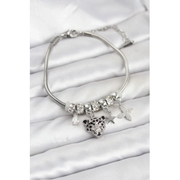 Pirinç Gümüş Renk Kaplan Model Charmlı Kadın Bileklik - TJ-BB8212