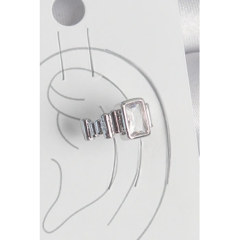 Pirinç Gümüş Renk Kare Zirkon Taşlı Kadın Kıkırdak Model Küpe - TJ-BKP10560