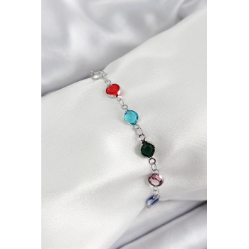 Pirinç Gümüş Renk Karışık Renk Zirkon Taşlı Kadın Bileklik - TJ-BB7046