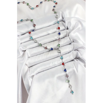 Pirinç Gümüş Renk Karışık Renk Zirkon Taşlı Kalpli Y Kadın Kolye - TJ-BKO10302