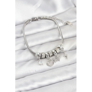 Pirinç Gümüş Renk Kelebek Charmlı Kadın Bileklik - TJ-BB8192