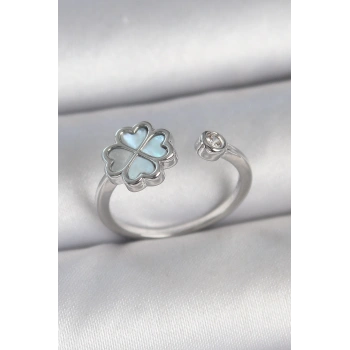 Pirinç Gümüş Renk Mavi Mineli Yonca Model Zirkon Taş Detay Ayarlanabilir Kadın Yüzük - TJ-BYK3750