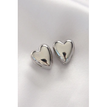 Pirinç Gümüş Renk Minimal Bombeli Kalp Küpe - TJ-BKP8969