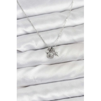 Pirinç Gümüş Renk Minimal Charmlı Kadın Kolye - TJ-BKO10804