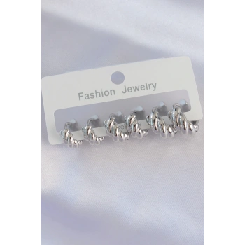 Pirinç Gümüş Renk Minimal Tırtıklı Küpe Seti - TJ-BKP8991