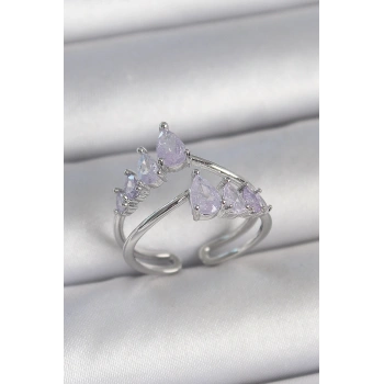 Pirinç Gümüş Renk Mor Damla Zirkon Taşlı Taç Model Kadın Yüzük - TJ-BYK3714