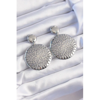 Pirinç Gümüş Renk Oval İşlemeli Küpe - TJ-BKP9232