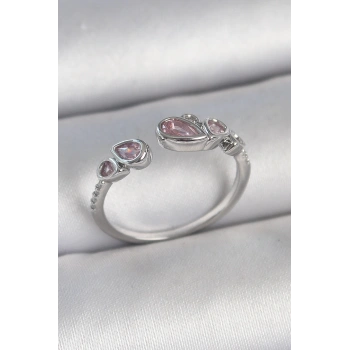 Pirinç Gümüş Renk Pembe Damla Zirkon Taşlı Ayarlanabilir Model Kadın Yüzük - TJ-BYK3734