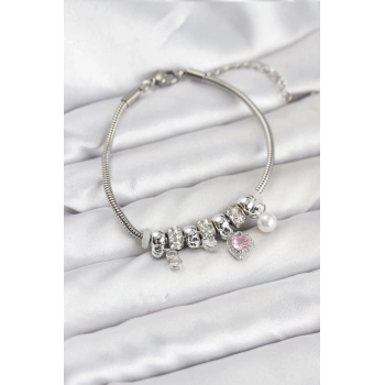 Pirinç Gümüş Renk Pembe Kalp Charmlı Kadın Bileklik - TJ-BB8190