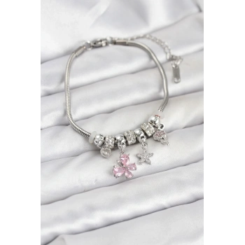 Pirinç Gümüş Renk Pembe Kelebek Charmlı Kadın Bileklik - TJ-BB8204