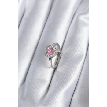 Pirinç Gümüş Renk Pembe Zirkon Taşlı Charm Model Kadın Yüzük - TJ-BYK2864
