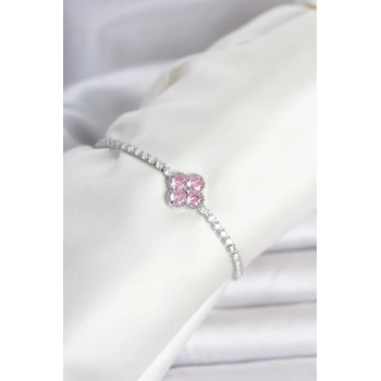 Pirinç Gümüş Renk Pembe Zirkon Taşlı Yonca Model Su Yolu Kadın Bileklik