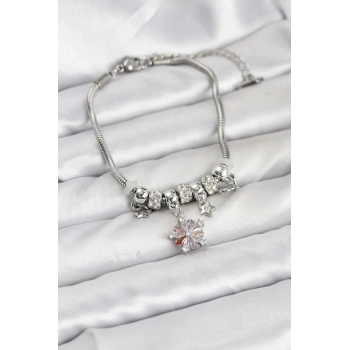 Pirinç Gümüş Renk Renkli Yıldız Charmlı Kadın Bileklik - TJ-BB8186