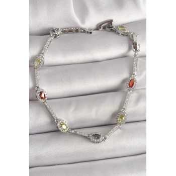 Pirinç Gümüş Renk Renkli Zirkon Taşlı Damla Taş Model Kadın Bileklik - TJ-BB6873