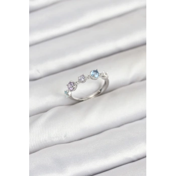 Pirinç Gümüş Renk Renkli Zirkon Taşlı Kadın Yüzük - TJ-BYK3867