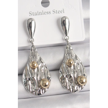 Pirinç Gümüş Renk Sallantı Damla Model Gold Topçuk Detay Kadın Küpe - TJ-BKP10088