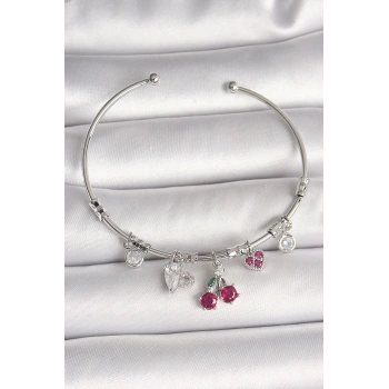 Pirinç Gümüş Renk Sallantı Kiraz Figür Kalp Detay Charm Kadın Bileklik - TJ-BB6901