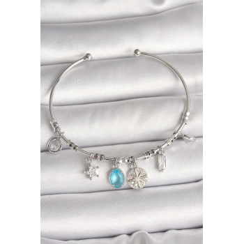 Pirinç Gümüş Renk Sallantı Pusula Figür Kalp Detay Charm Kadın Bileklik - TJ-BB6902