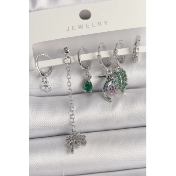 Pirinç Gümüş Renk Sallantı Zirkon Taşlı Ağaç Figür Çoklu Kadın Küpe Seti - TJ-BKP10119