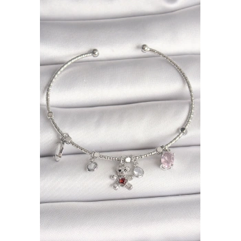 Pirinç Gümüş Renk Sallantı Zirkon Taşlı Ayıcık Figür Kırmızı Taş Detay Charm Kadın Bileklik - TJ-BB6912