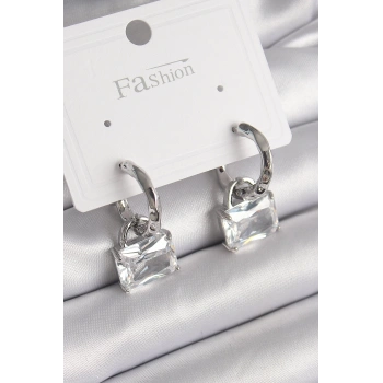 Pirinç Gümüş Renk Sallantı Zirkon Taşlı Çanta Model Kadın Küpe - TJ-BKP9769