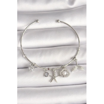 Pirinç Gümüş Renk Sallantı Zirkon Taşlı Deniz Yıldız Figür Balık Kuyruğu Detay Charm Kadın Bileklik - TJ-BB6909
