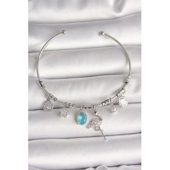Pirinç Gümüş Renk Sallantı Zirkon Taşlı Filaminga Figür Charm Kadın Bileklik - TJ-BB6903